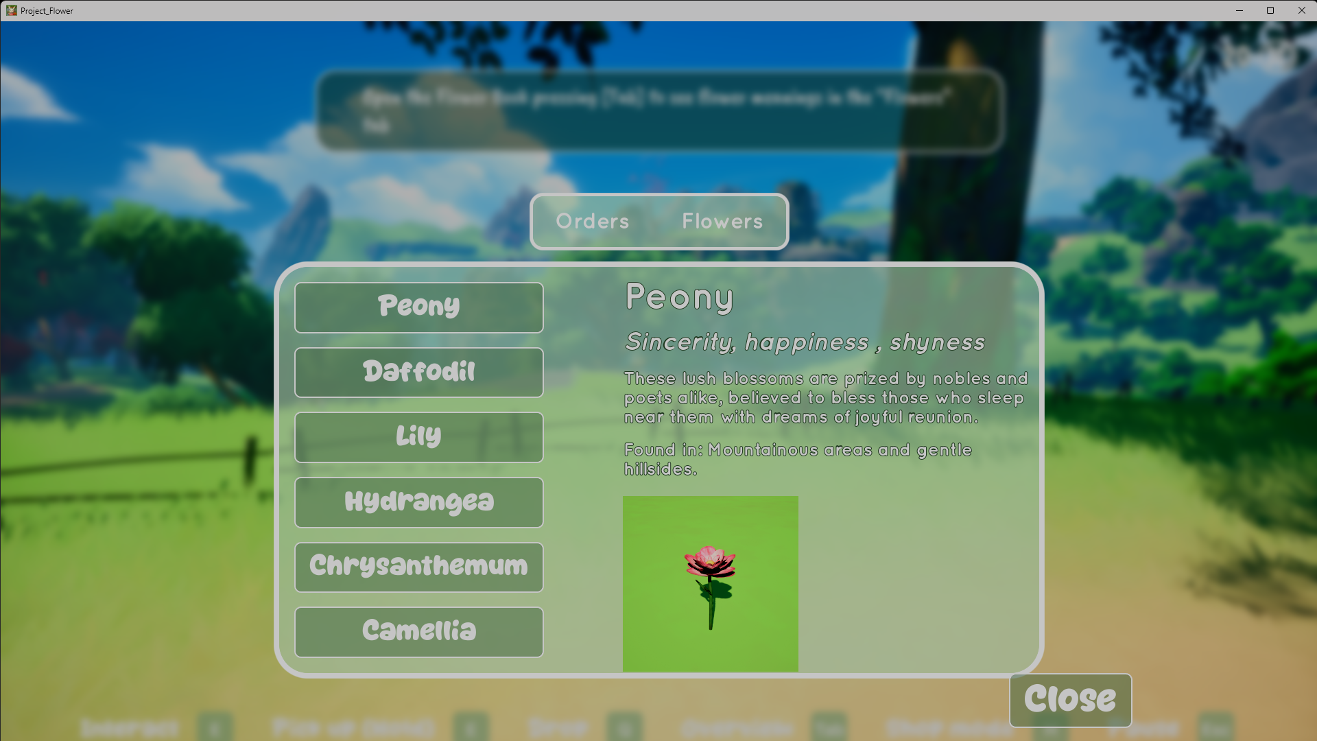Flower Book, in-game Hanakotoba reference guide consulted while arranging